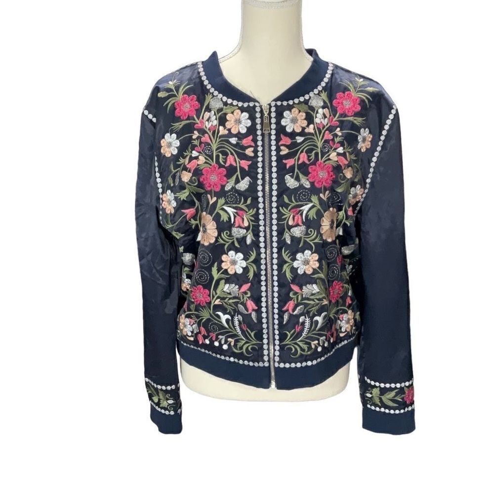 Navy Blue Floral Embroidered Long Sleeve Bomber Style Jacket Full Zip Sz Medium